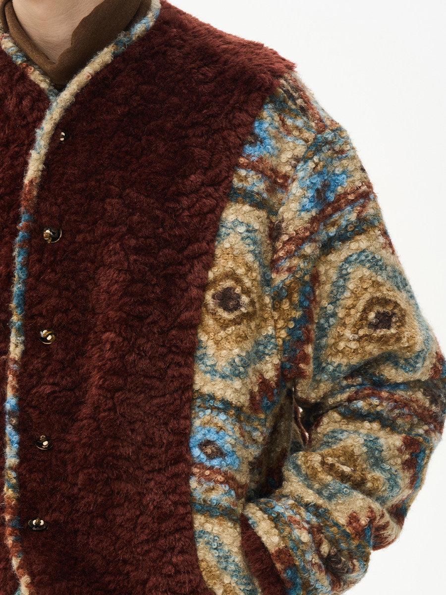 Printed Wool Patchwork Coat - Eco-Friendly Wooden Button Warm Jacket