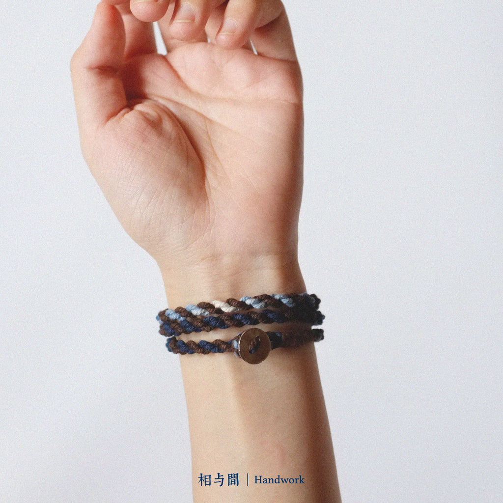 Original Four-Strand Weaving Blue Dye + Persimmon Dye Bracelet Cotton Linen Niche Couple Retro Multi-Hoop Bracelet