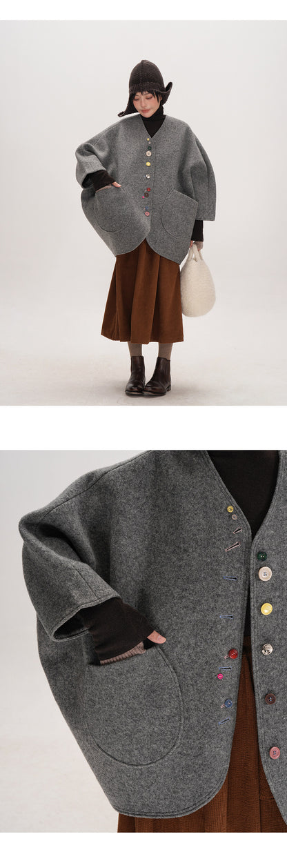 Smoke Gray Composite Wool Batwing Sleeve Cardigan - Irregular Button Coat (Women)