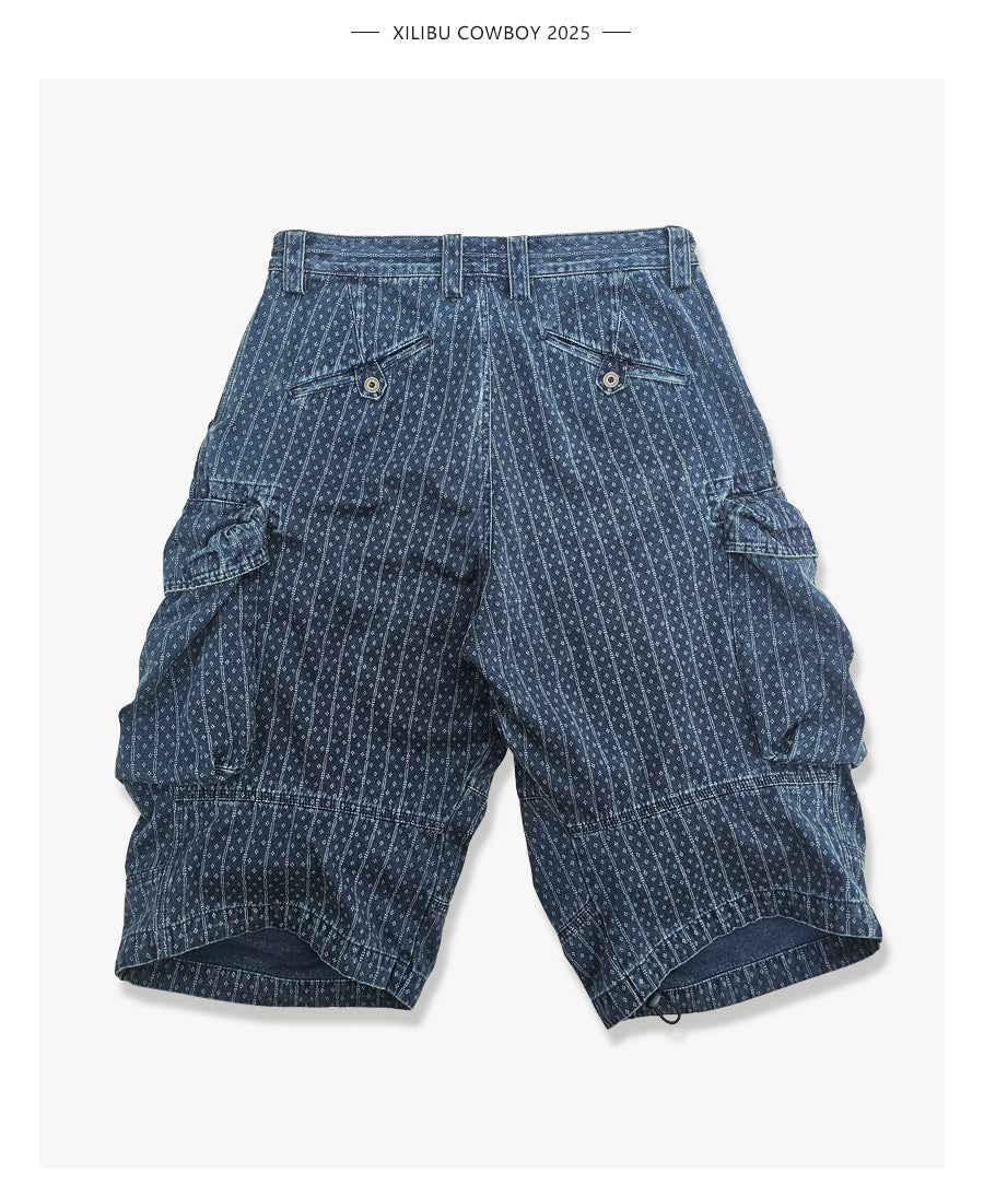 Blue Dyed Jacquard Loose Fit Scimitar Cropped Pants Japanese Retro Style with Large Pockets Casual Mid-Length Shorts