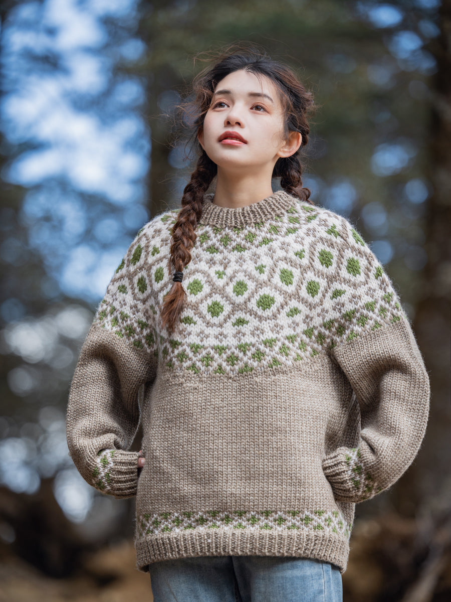 Handmade Iceland Sweater for Women Pullover Light Brown Thick Loose Nordic Retro Wide Knit College Style Travel Photography Niche