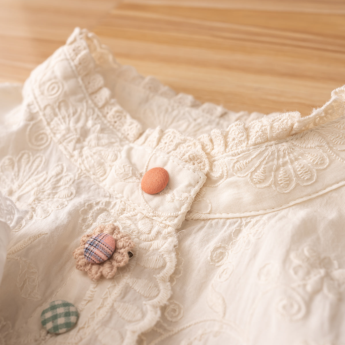 Japanese Style Ruffled Stand Collar Shirt – Color-Button Bow Long Sleeve Top