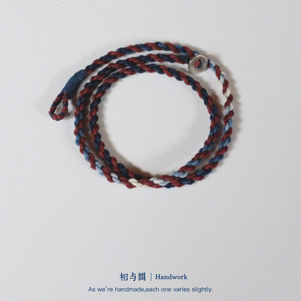 Original Four-Strand Weaving Blue Dyed + Madder Red Hand Rope Cotton Linen Niche Couple Retro Multi-Twist Bracelet