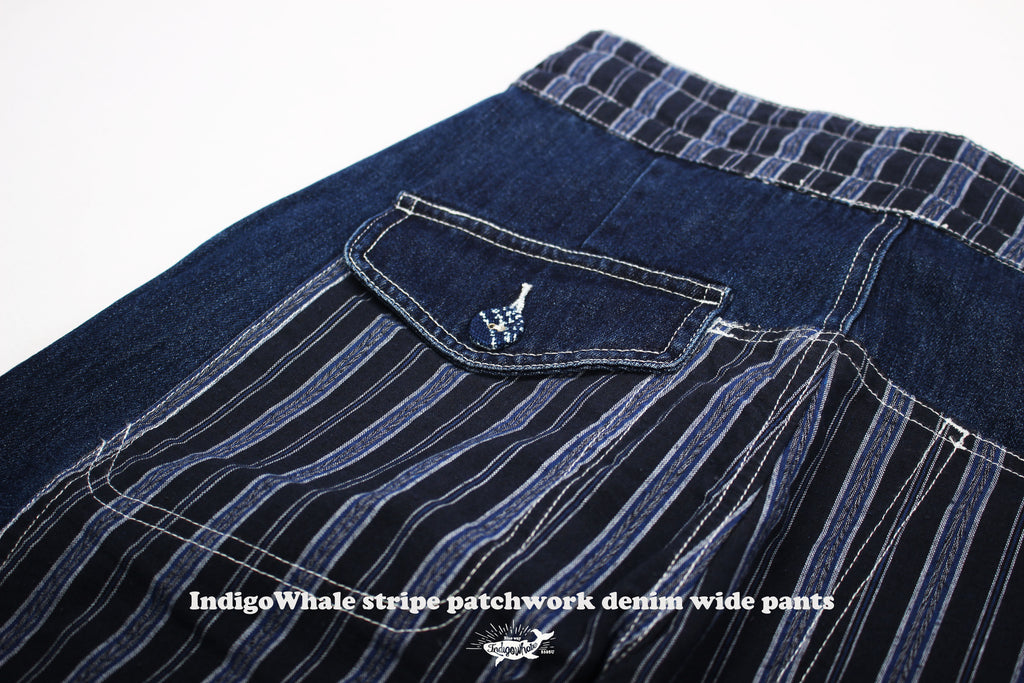 IndigoWhale Bamboo Denim Wide-Leg Patchwork Jeans – Heavy Wash, Drawstring Nine-Point Design