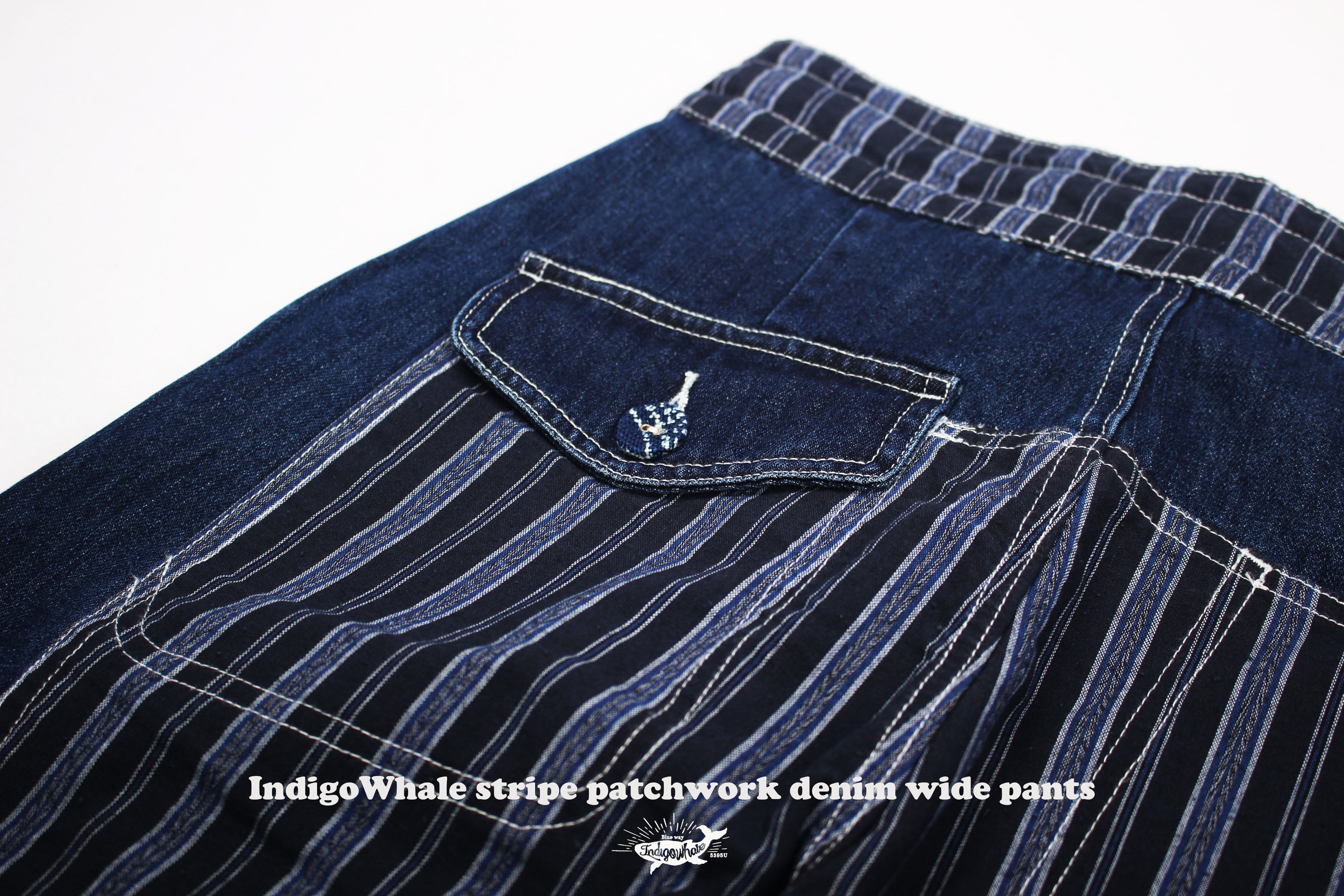 IndigoWhale Bamboo Denim Wide-Leg Patchwork Jeans – Heavy Wash, Drawstring Nine-Point Design