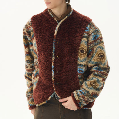 Printed Wool Patchwork Coat - Eco-Friendly Wooden Button Warm Jacket