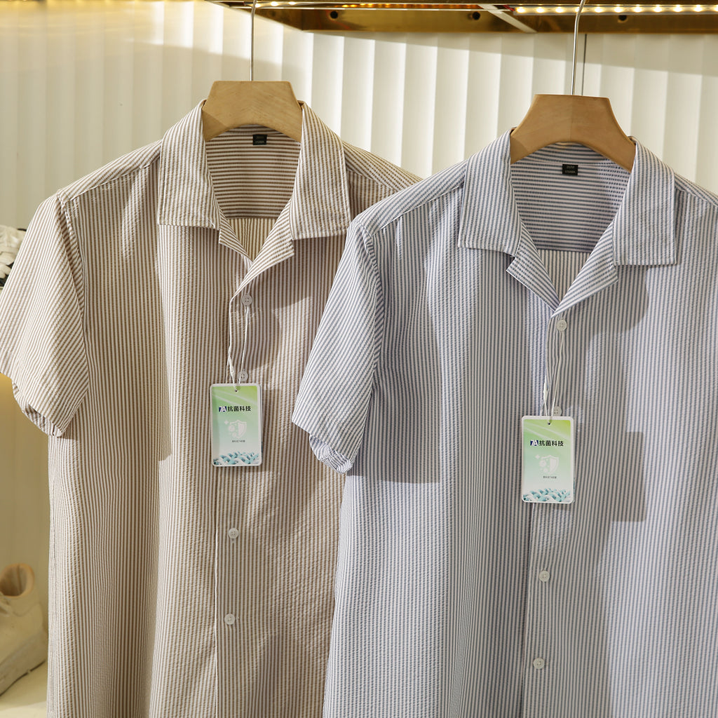 Bubble Gauze Texture 7A Antibacterial Cool Summer Men's Cuban Collar Striped Short Sleeve Shirt Top