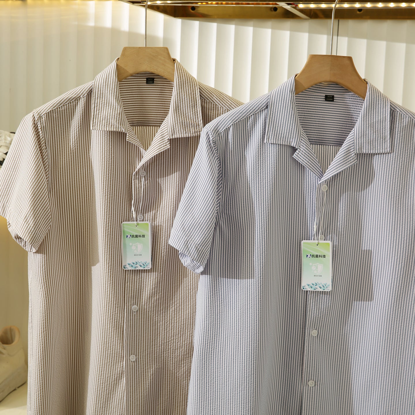 Bubble Gauze Texture 7A Antibacterial Cool Summer Men's Cuban Collar Striped Short Sleeve Shirt Top