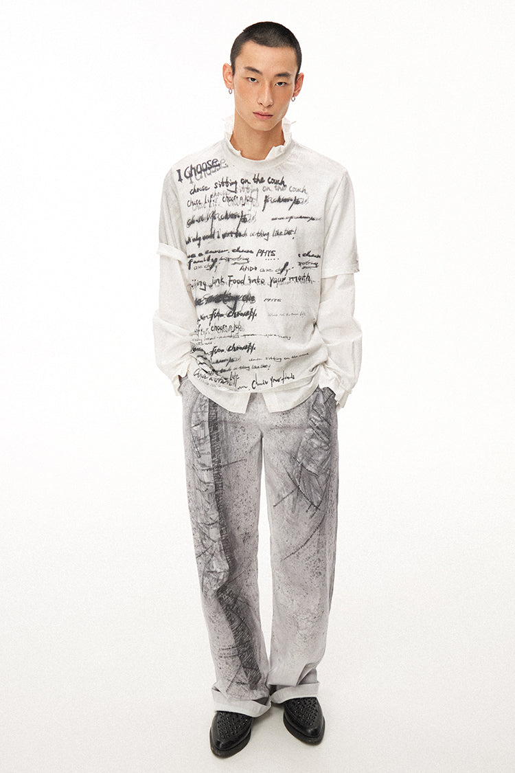 Handwritten Print Soft Skin-friendly Distressed Loose Short Sleeve T-shirt