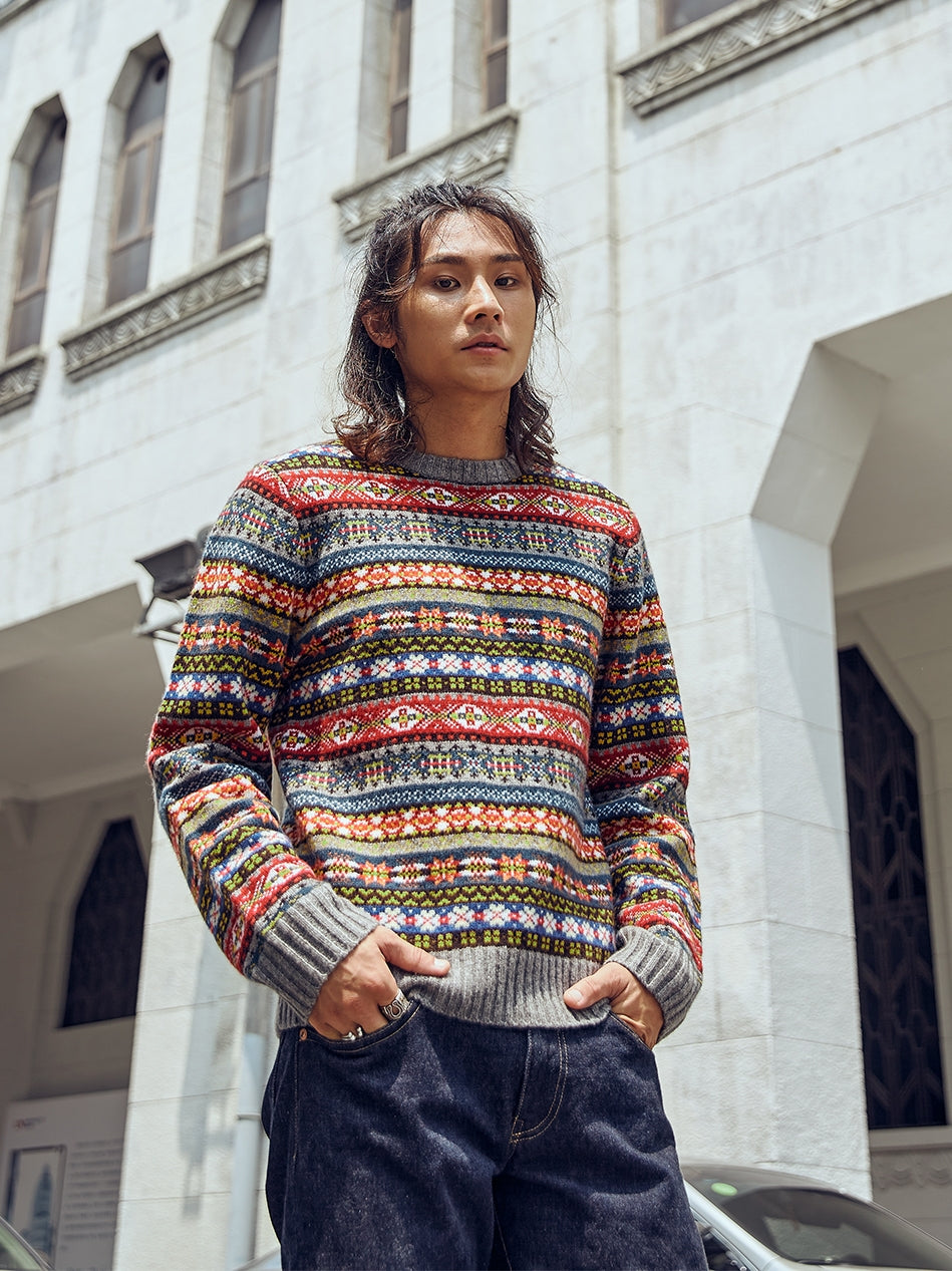 Fair Isle Merino Wool Crew Neck Sweater – Vintage British Retro (Unisex)
