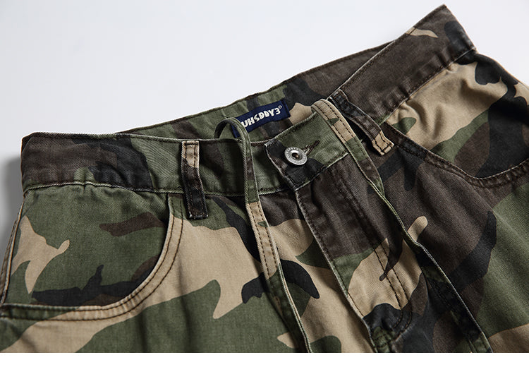 Men's American Street Retro Cargo Pants - Camouflage Heavy Washed Ripped Straight-Leg Pants