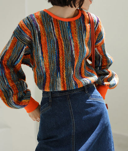 Colorful Striped Lazy Pullover Sweater – Thickened Crew-Neck Loose Fit (Women)