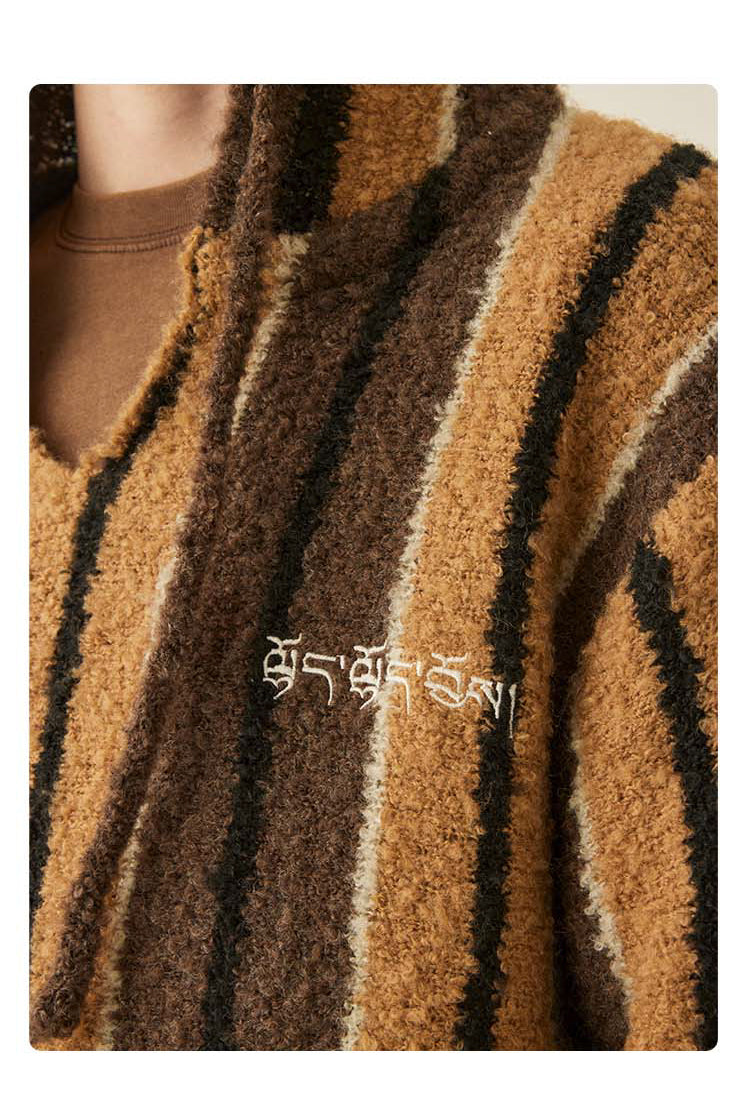 MEDRIA Retro Striped Wool Blend Tibetan Hoodie Autumn Winter Lazy Style Knitted Sweater Unisex Hooded Jacket