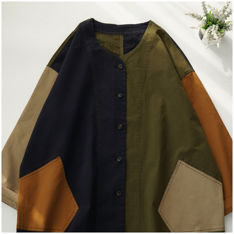 Color-Block Mid-Length Trench Coat – Japanese Retro V-Neck Single-Breasted Jacket