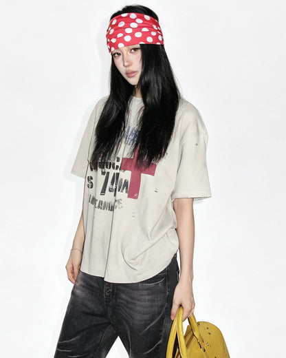 Ripped Washed Slogan Patch T-Shirt – Vintage Loose Unisex Streetwear