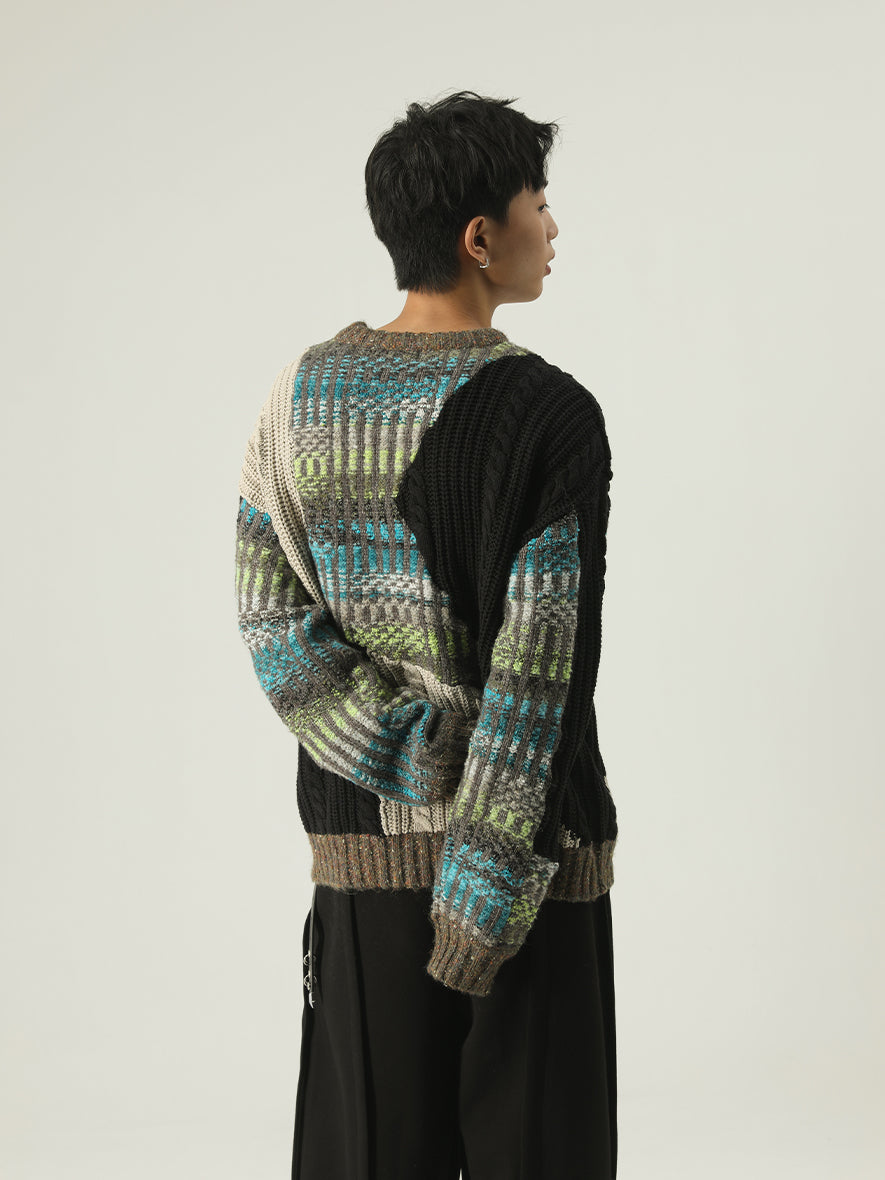 Heavy-weight twisted patchwork gradient back collar camel wool sweater