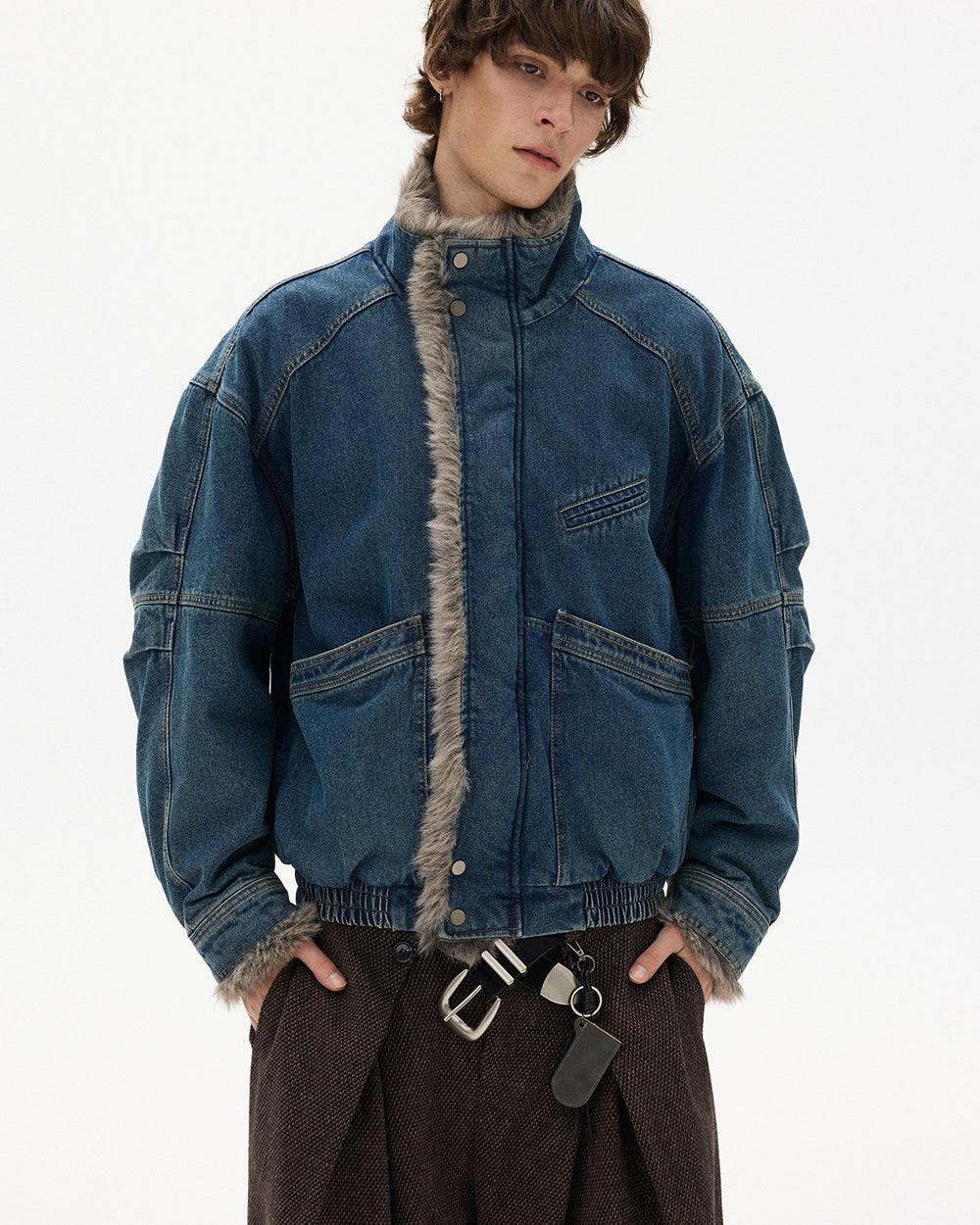 American Vintage Deconstructed Washed Denim Fur-Collar Jacket – Oversized Unisex Trucker Coat