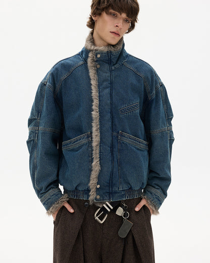 American Vintage Deconstructed Washed Denim Fur-Collar Jacket – Oversized Unisex Trucker Coat