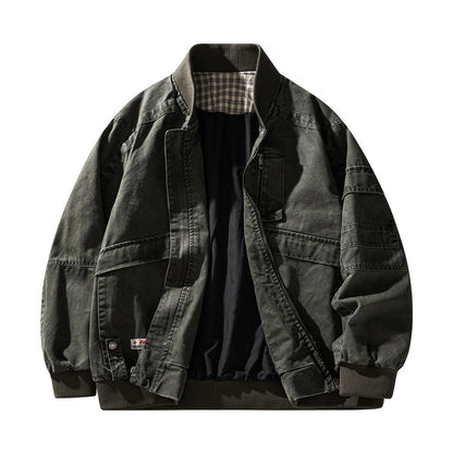 Retro Heavy Cotton Cargo Baseball Jacket – Men's Loose American Workwear