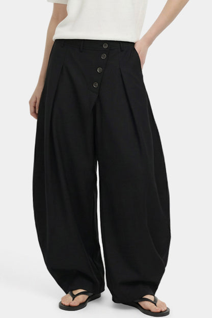 Wide-Leg Trousers – Diagonal Buttons & Deep Pleats