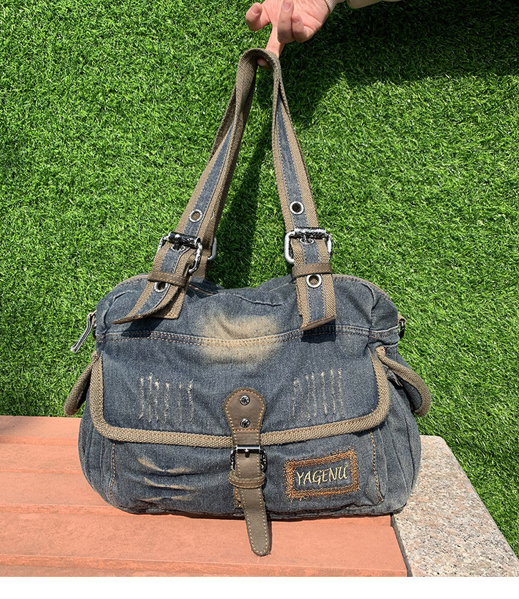 Washed Denim Leather Tote Bag – Vintage 3-Way Shoulder Crossbody Unisex – Bags | japanese streetwear | vintage workwear | unisex | Yamalinclothes