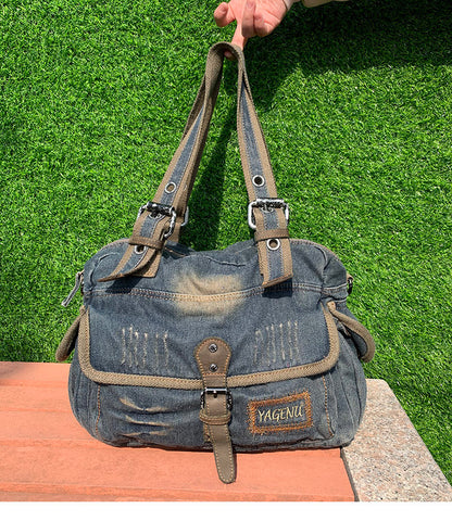 Washed Denim Leather Tote Bag – Vintage 3-Way Shoulder Crossbody Unisex – Bags | japanese streetwear | vintage workwear | unisex | Yamalinclothes