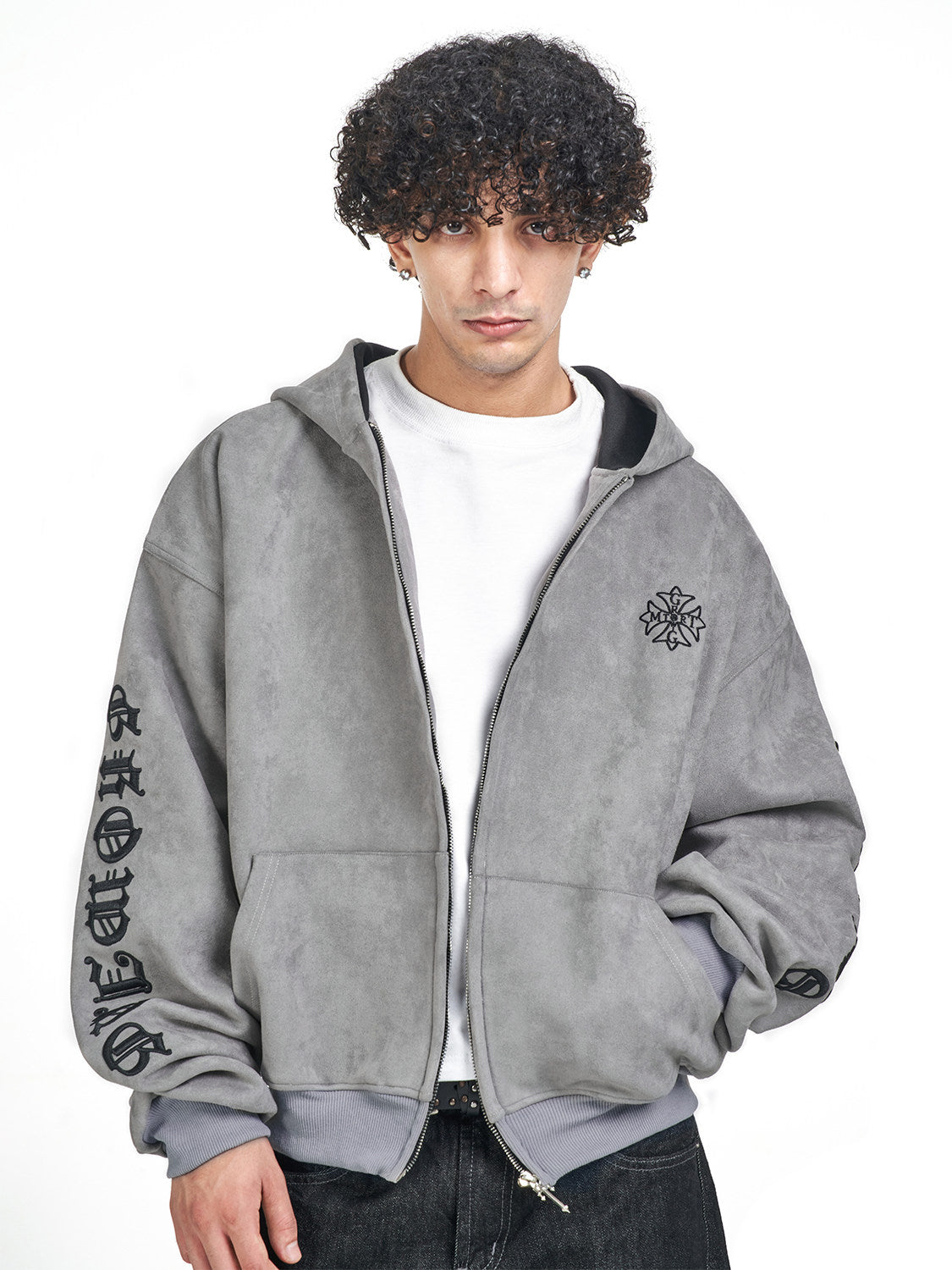 Suede Embroidered Hooded Zip Sweatshirt – Loose Vintage Unisex Jacket