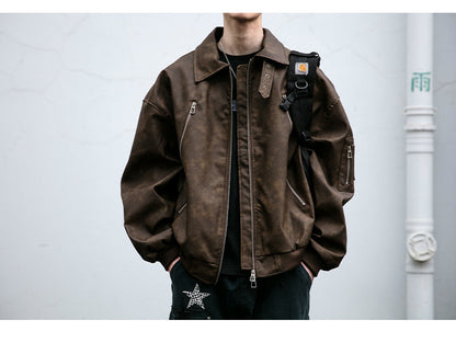 Double-Zip Stand-Collar PU Leather Jacket – Vintage Oversized Unisex
