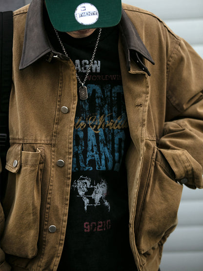 Washed Patchwork Lapel Cargo Jacket – American Retro Oversized Unisex