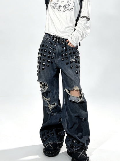 Punk Riveted Ripped Straight-Leg Jeans – Washed Distressed Y2K Vintage Denim