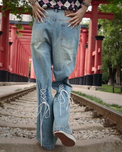 Washed Heavy Duty Jeweled Denim Jeans – Flared & Straight Leg 100% Cotton Streetwear – Japanese vintage | yamalin clothes | Yamalinclothes