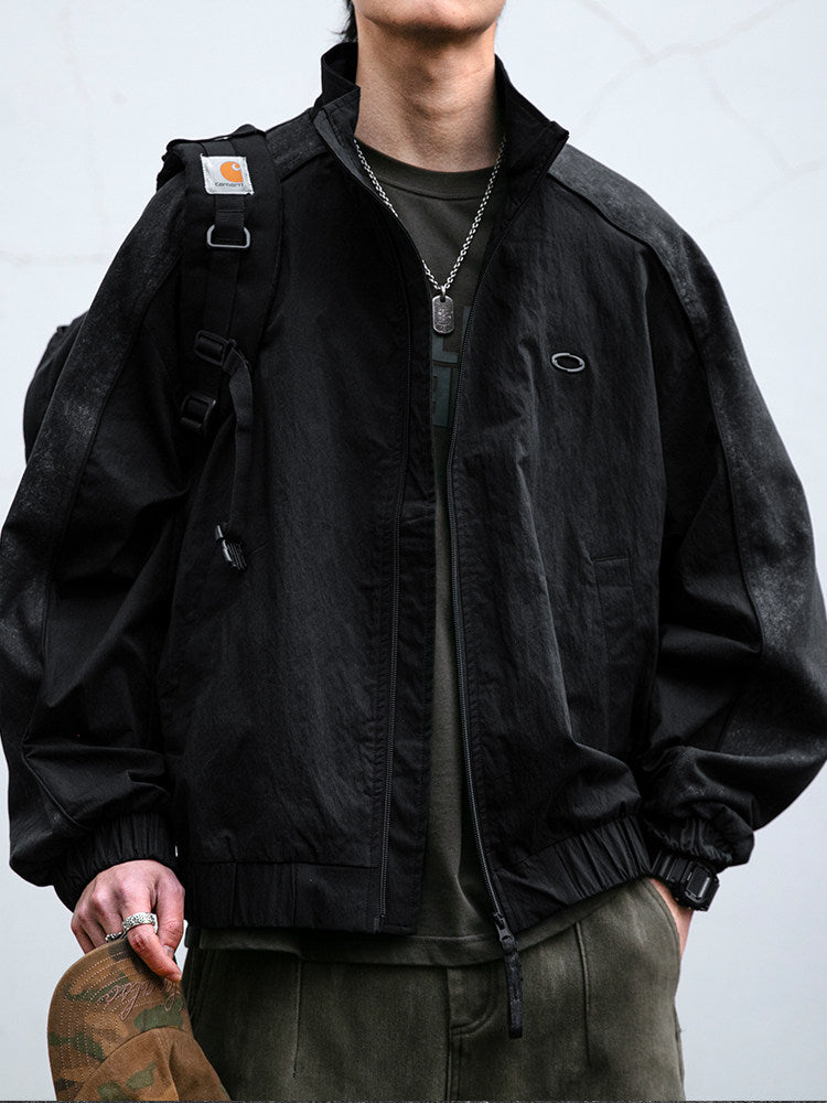 Spliced Textured Stand-Collar Jacket – American Retro Oversized Unisex