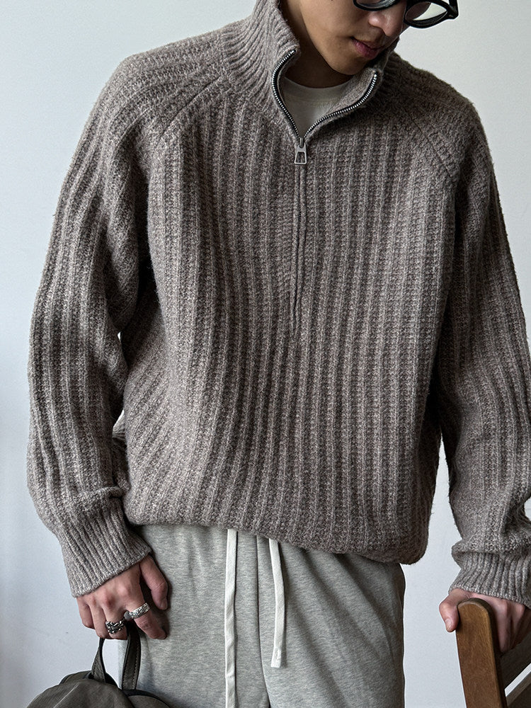 Half-Zip Stand Collar Knit Pullover – Loose Lazy Men – Japanese vintage | yamalin clothes | Yamalinclothes