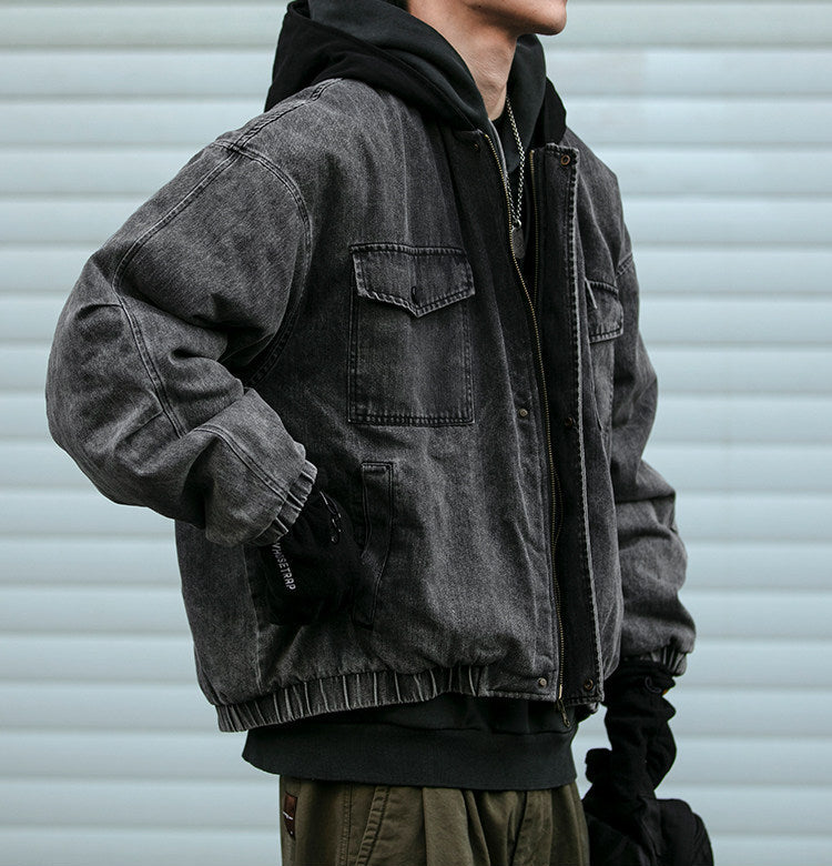 Washed Hooded Denim Patchwork Cotton Jacket – Drop Shoulder Loose Workwear Unisex – Coats Jackets | japanese streetwear | vintage workwear | unisex | Yamalinclothes