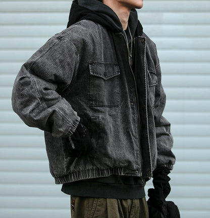 Washed Hooded Denim Patchwork Cotton Jacket – Drop Shoulder Loose Workwear Unisex – Coats Jackets | japanese streetwear | vintage workwear | unisex | Yamalinclothes