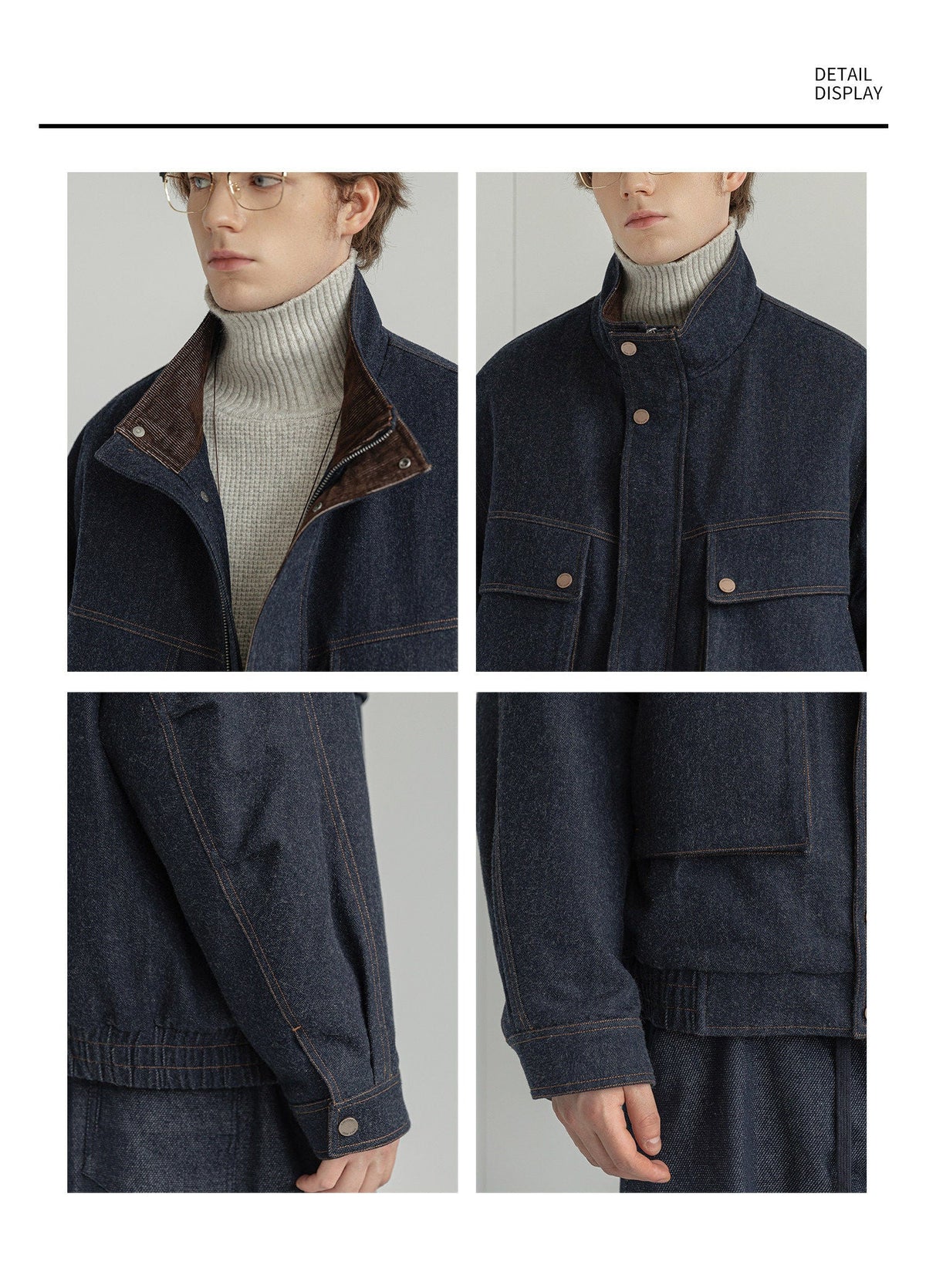 White Duck Down Denim Stand-Collar Jacket – American Vintage Loose Unisex – Coats Jackets | japanese streetwear | vintage workwear | unisex | Yamalinclothes