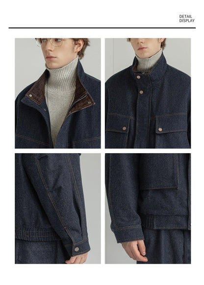 White Duck Down Denim Stand-Collar Jacket – American Vintage Loose Unisex – Coats Jackets | japanese streetwear | vintage workwear | unisex | Yamalinclothes