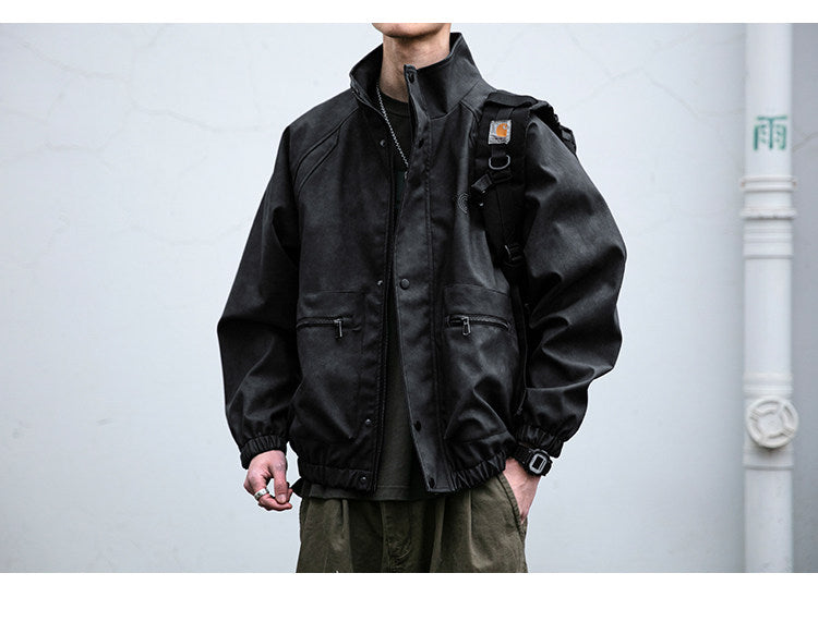 Letter Embroidery Stand-Collar Moto Jacket – American Retro Oversized Unisex
