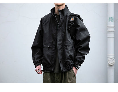 Letter Embroidery Stand-Collar Moto Jacket – American Retro Oversized Unisex