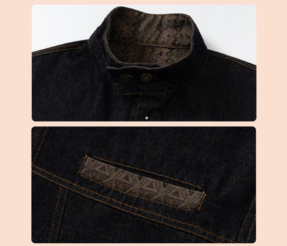 Vintage Ethnic Jacquard Denim Jacket – Oversized Unisex Embroidered Trucker Coat