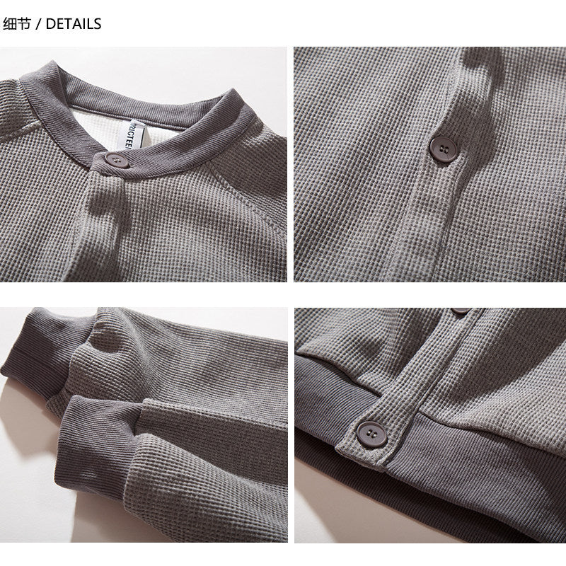 Heavyweight Japanese Waffle Henley Cardigan – Loose Raglan Sleeve Unisex Sweatshirt