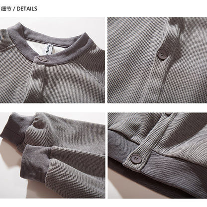 Heavyweight Japanese Waffle Henley Cardigan – Loose Raglan Sleeve Unisex Sweatshirt
