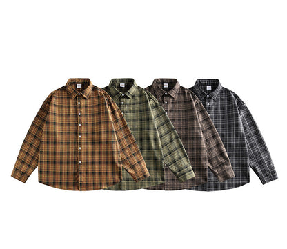 Japanese Vintage Contrast Plaid Long Sleeve Shirt – Loose Unisex Casual