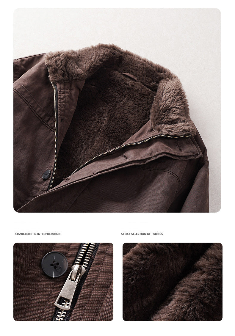 Faux Fur-Lined Jacket – Stand Collar & Gathered Hem | Yamalin clothes | Vintage workwear outfit for men