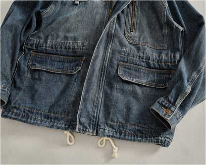 Heavyweight Washed Denim Jacket – Vintage Workwear Multi-Pocket Drawstring Coat