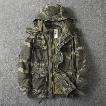 Heavy Distressed Hooded Camouflage Cargo Jacket – Oversized Cotton Outdoor Coat