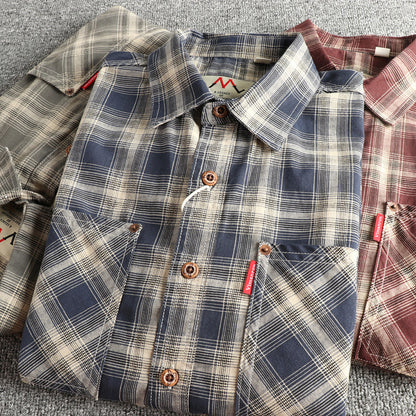 Japanese Plaid Workwear Shirt – Men's Washed Cotton Large Pocket Long-Sleeve