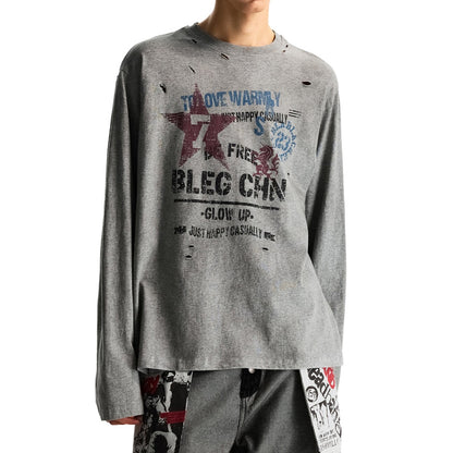 Vintage Distressed Ripped Long-Sleeve T-Shirt – Oversized Unisex Graphic Pullover Top