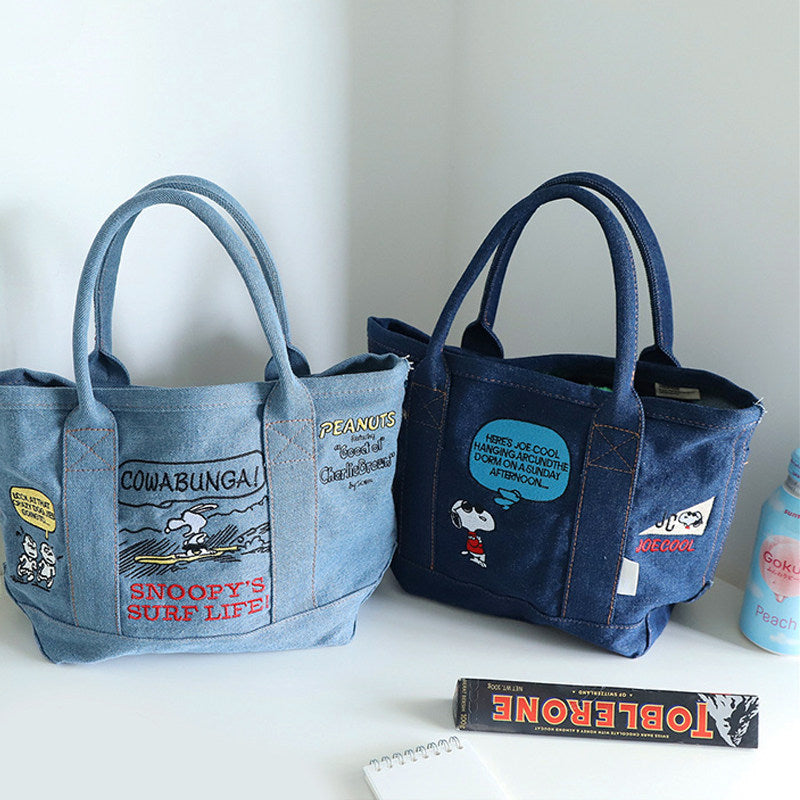 Denim Canvas Embroidery Tote Bag – Cute Cartoon Portable Handbag