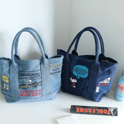 Denim Canvas Embroidery Tote Bag – Cute Cartoon Portable Handbag
